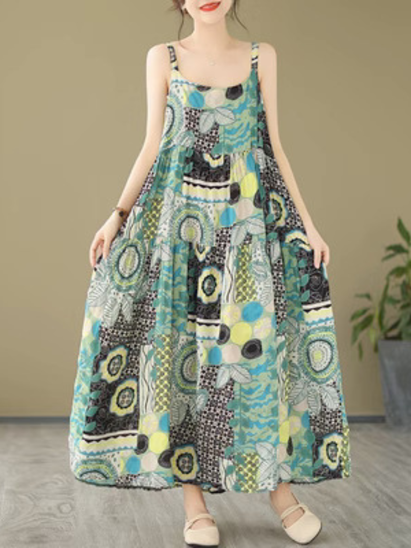 Scoop Neck Spaghetti Strap Abstract Print A-Line Maxi Dress