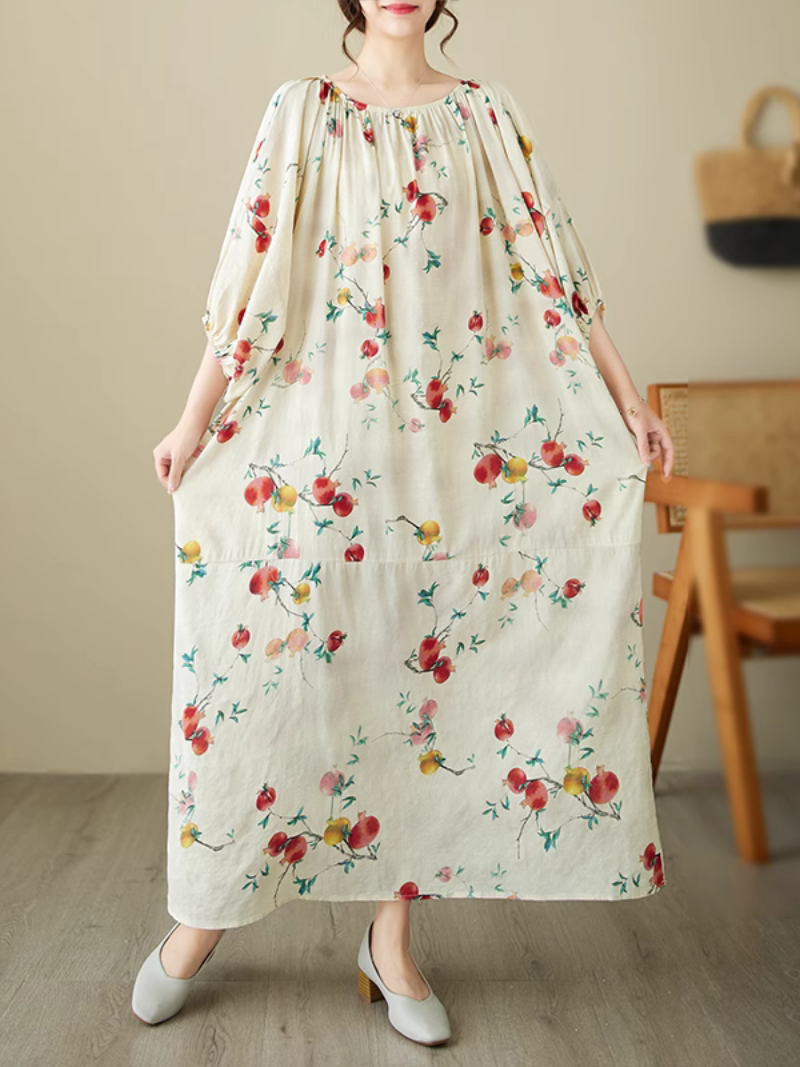 White Round Neck Fruit Print Batwing Sleeve Loose A-Line Maxi Dress