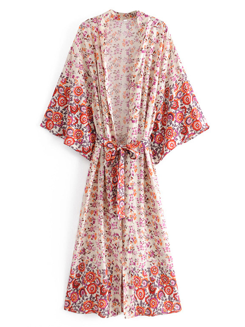 Red Ditsy Floral Border Print Tie Waist Long Kimono