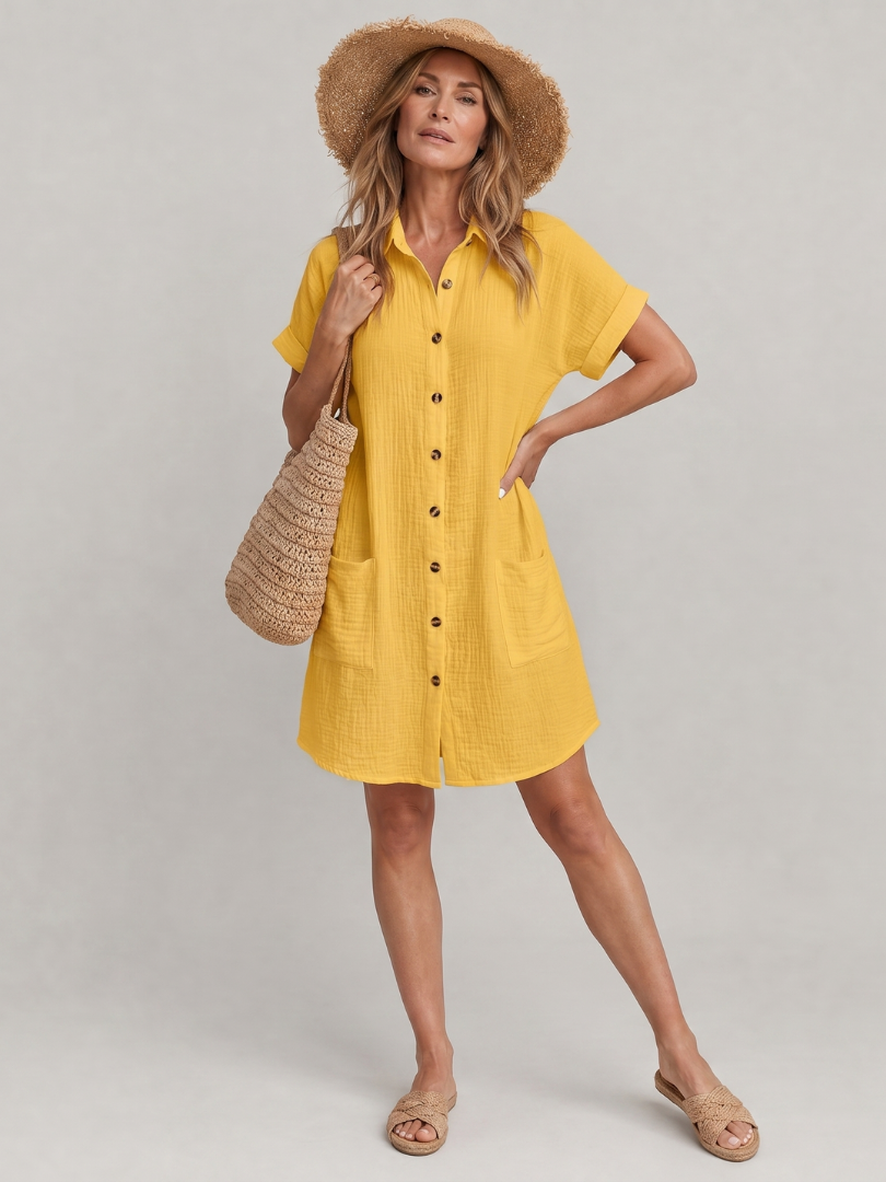 Collared Button Front Pocket Textured Shirt Mini Dress