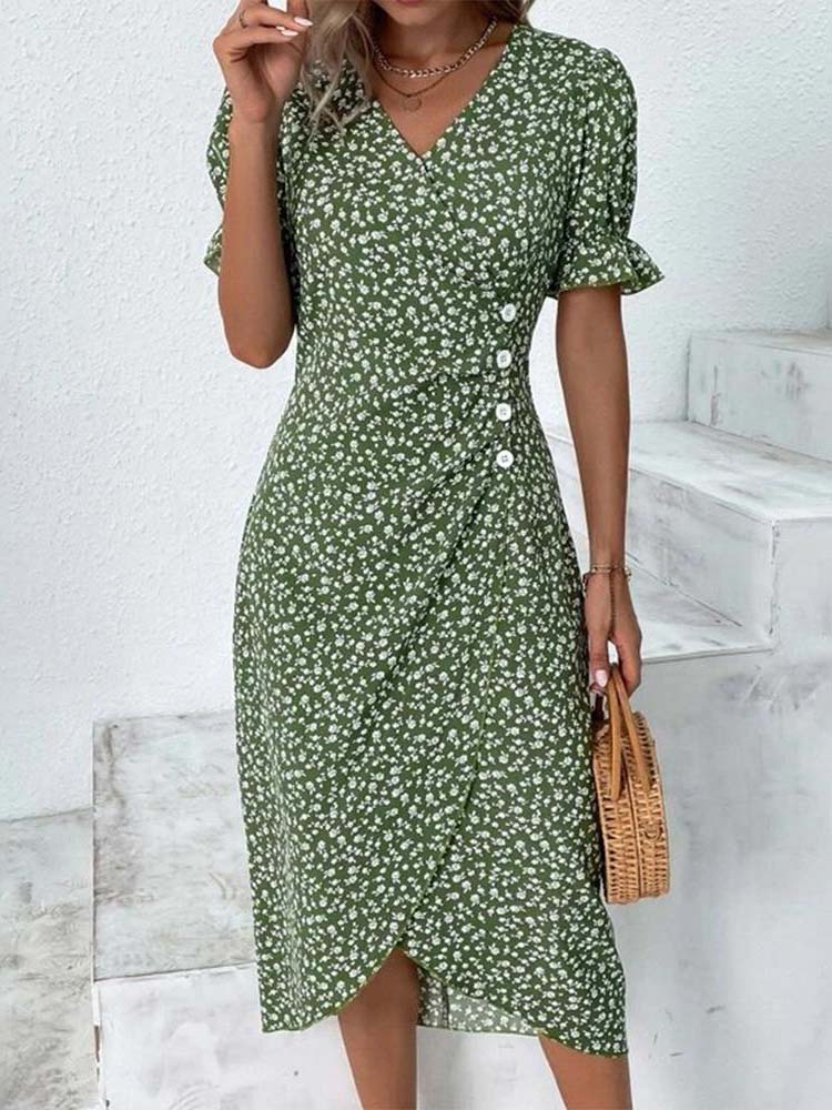 Fresh Short Sleeve Green Midi Dress