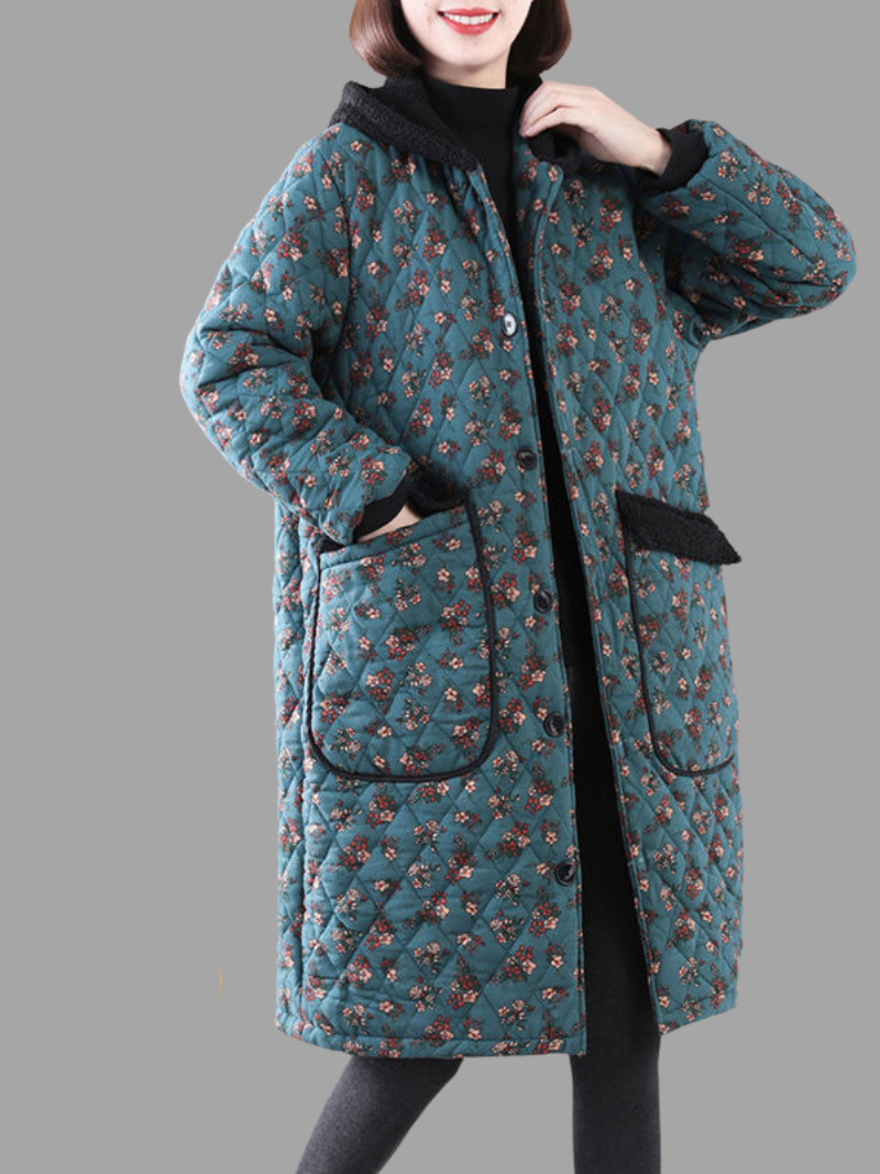 Stand Collar Floral Print Quilted Pocket Button Longline Coat