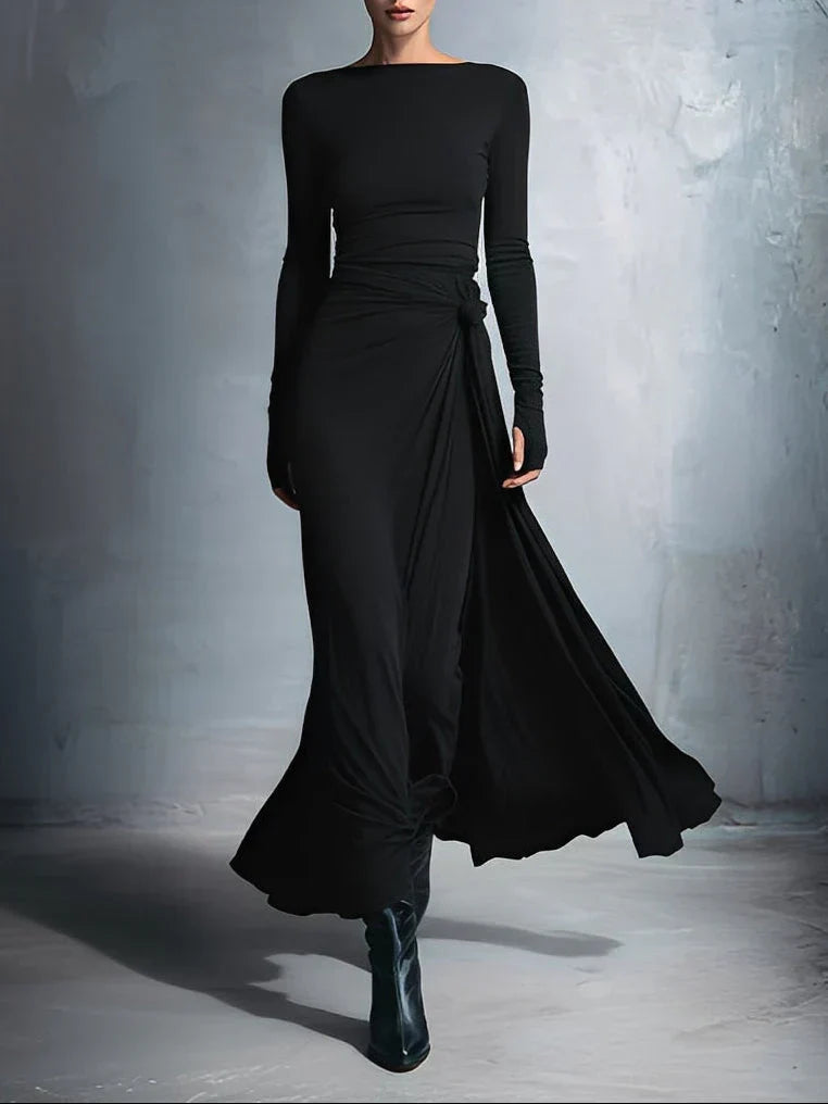 Boat Neck Long Sleeve Side Knot Ruched Draped Bodycon Maxi Dress