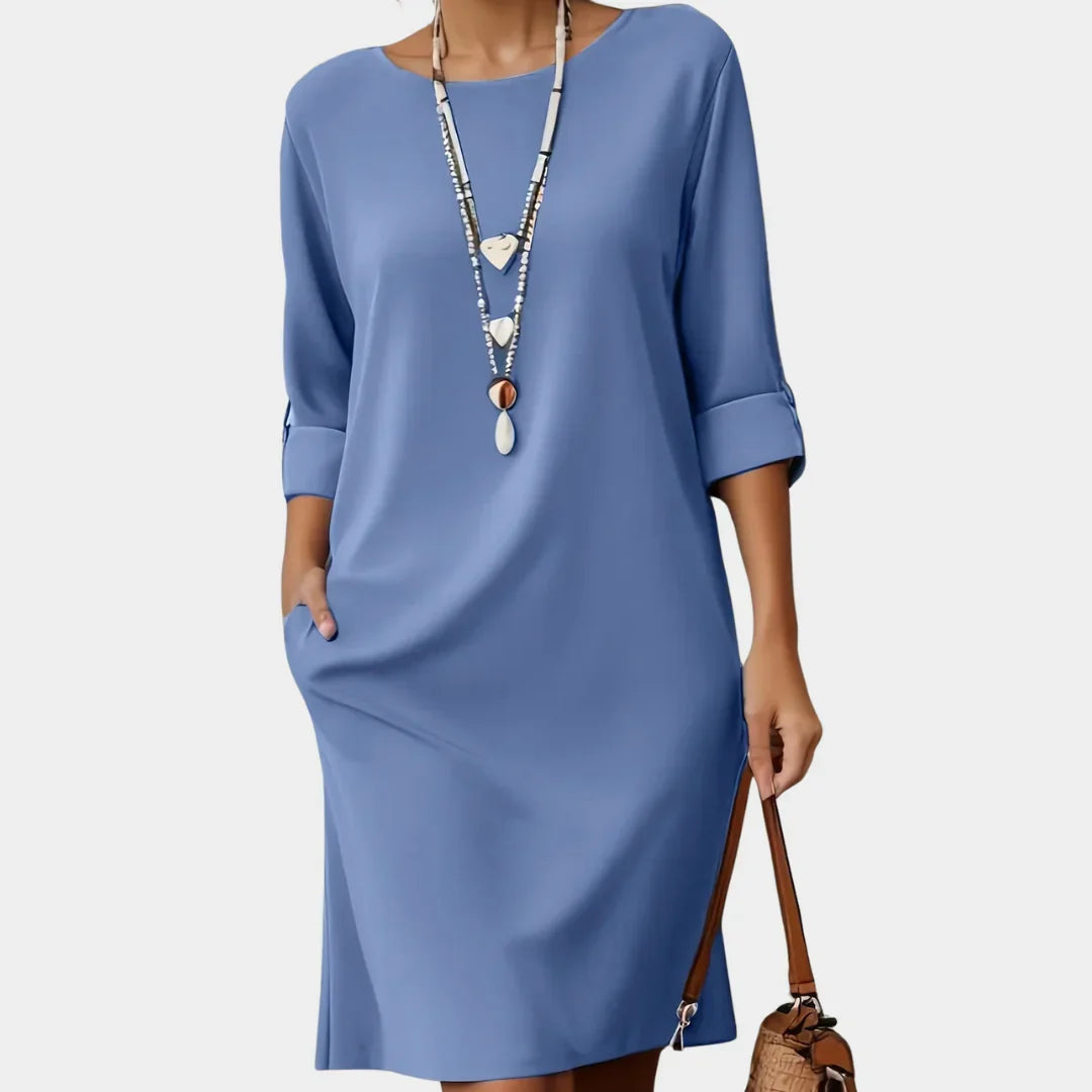 Round Neck Roll-Tab Sleeve Side Slit Pocket Shift Midi Dress