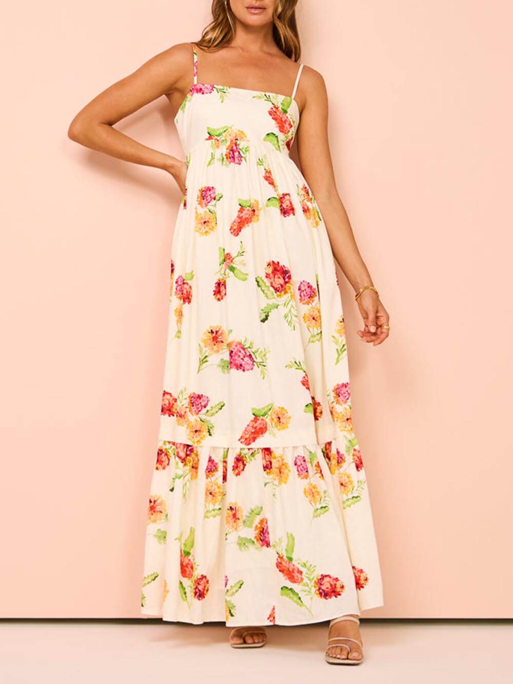 Unique Floral Print Halter Graceful Backless Extra Maxi Dress Beige / S Dresses