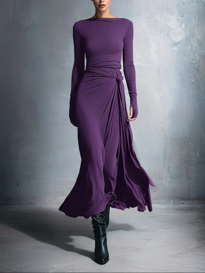 Boat Neck Long Sleeve Side Knot Ruched Draped Bodycon Maxi Dress
