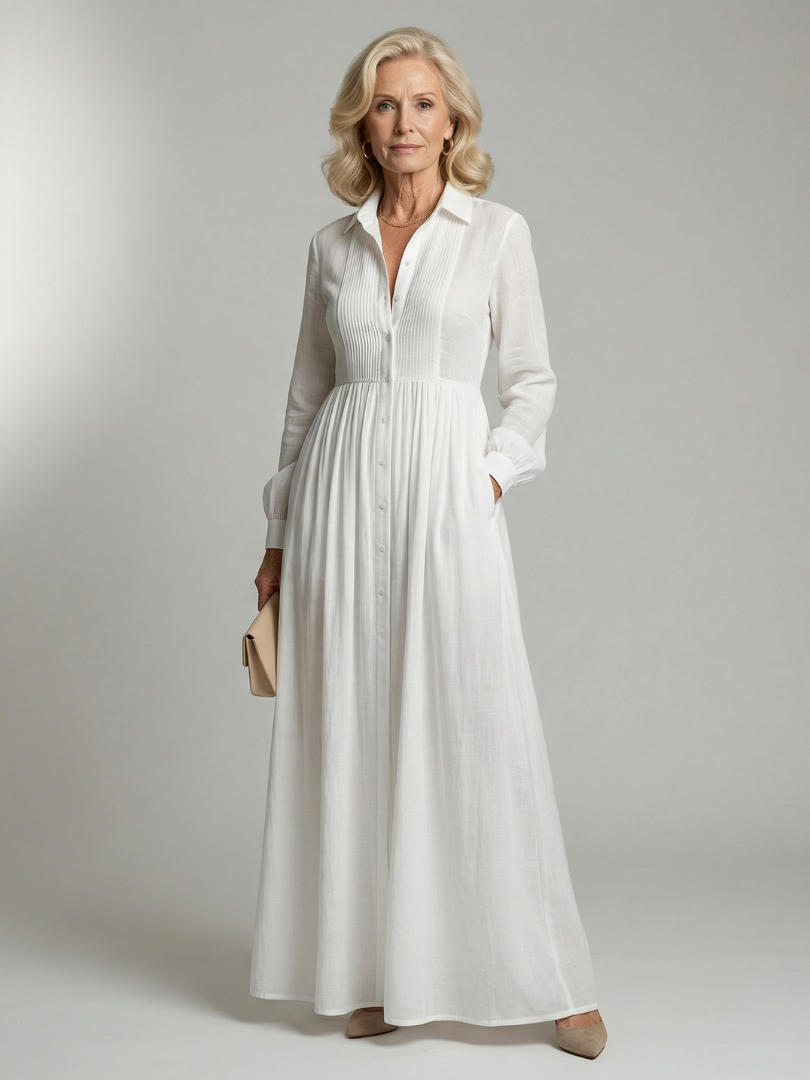 Collared Pintuck Long Sleeve Button Front Shirt Maxi Dress