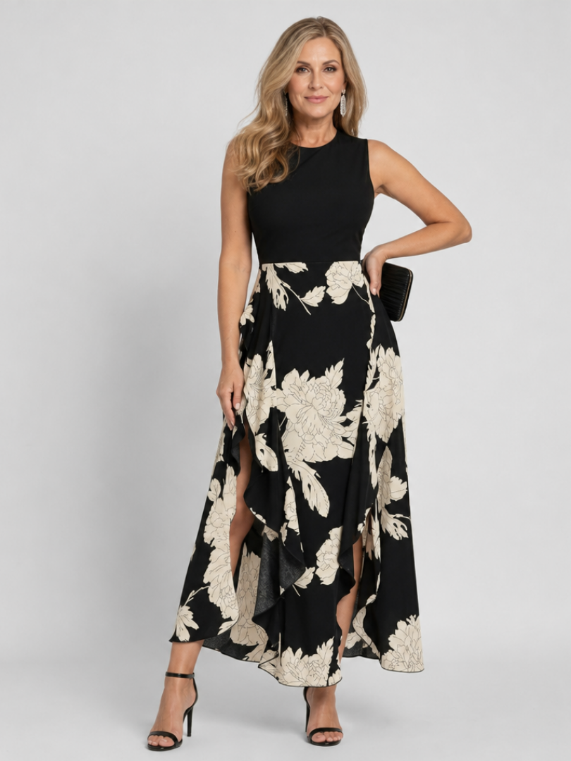 Black Crew Neck Sleeveless Floral High-Low Hem A-Line Maxi Dress