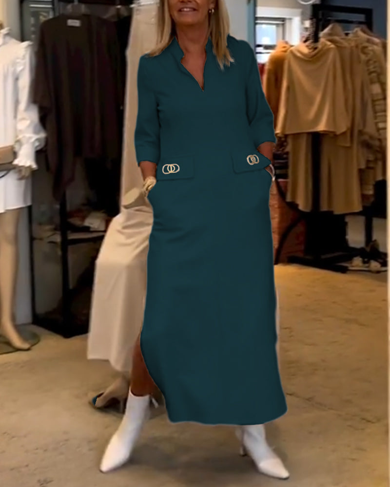 Magaly Timeless Solid Color Slit Dress with 3/4 Sleeves Premium Wardrobe Essential