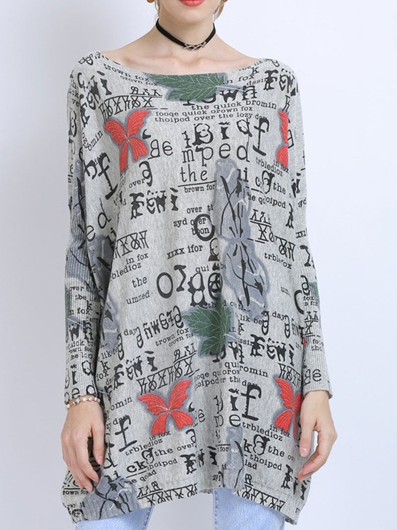 Boat Neck Butterfly Letter Print Long Sleeve Knit Tunic Top 2