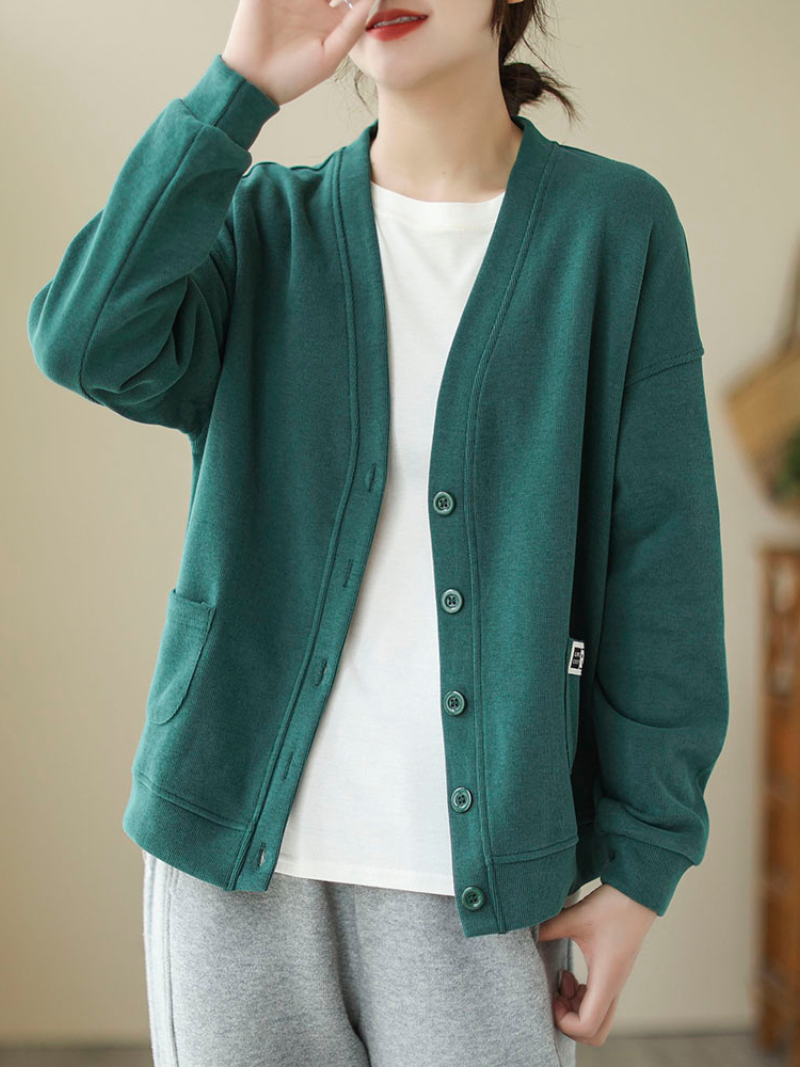 V-Neck Button Front Pocket Long Sleeve Loose Cardigan
