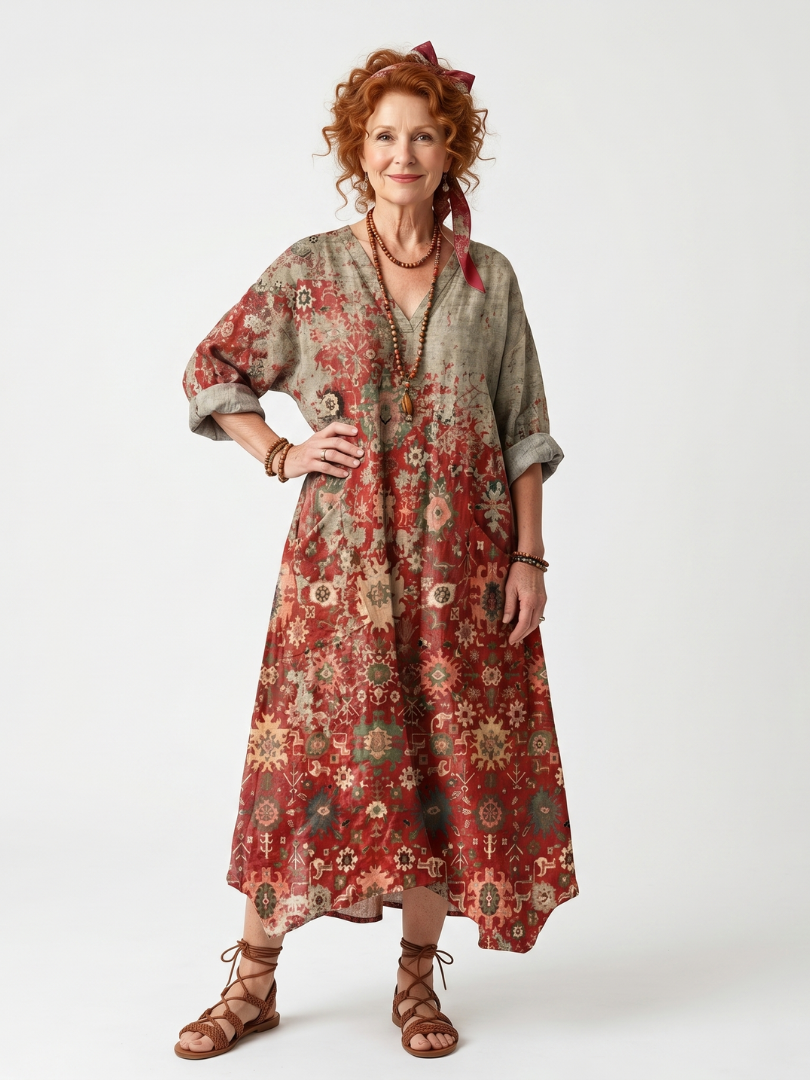 Multicolor Split V-Neck Tapestry Print Roll Sleeve Relaxed Pocket Midi Dress