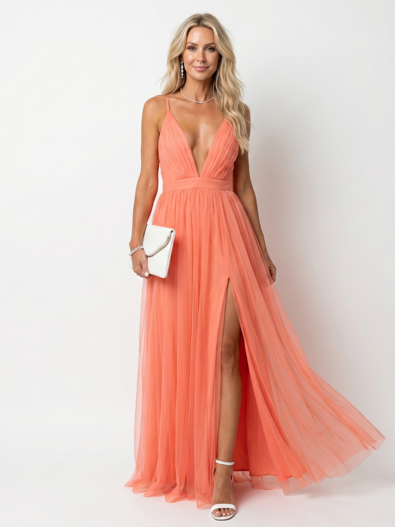 Orange Spaghetti Strap Deep V-Neck Tulle Pleated High Slit Gown