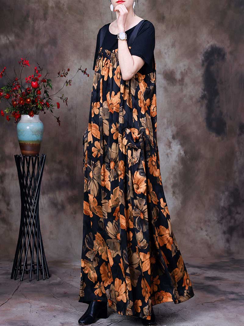 Strap Floral Print Pleated Pocket Loose Pinafore Maxi Dress 4