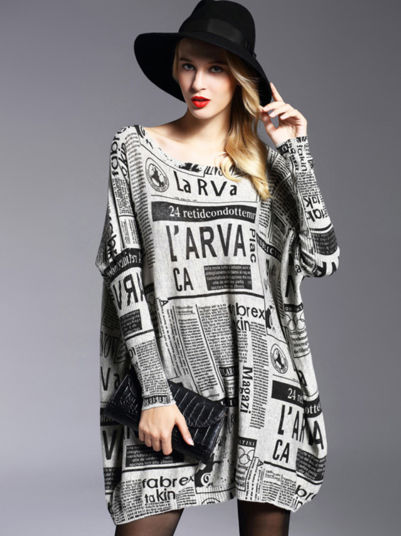 Round Neck Newspaper Print Oversized Loose Knit Sweater 5