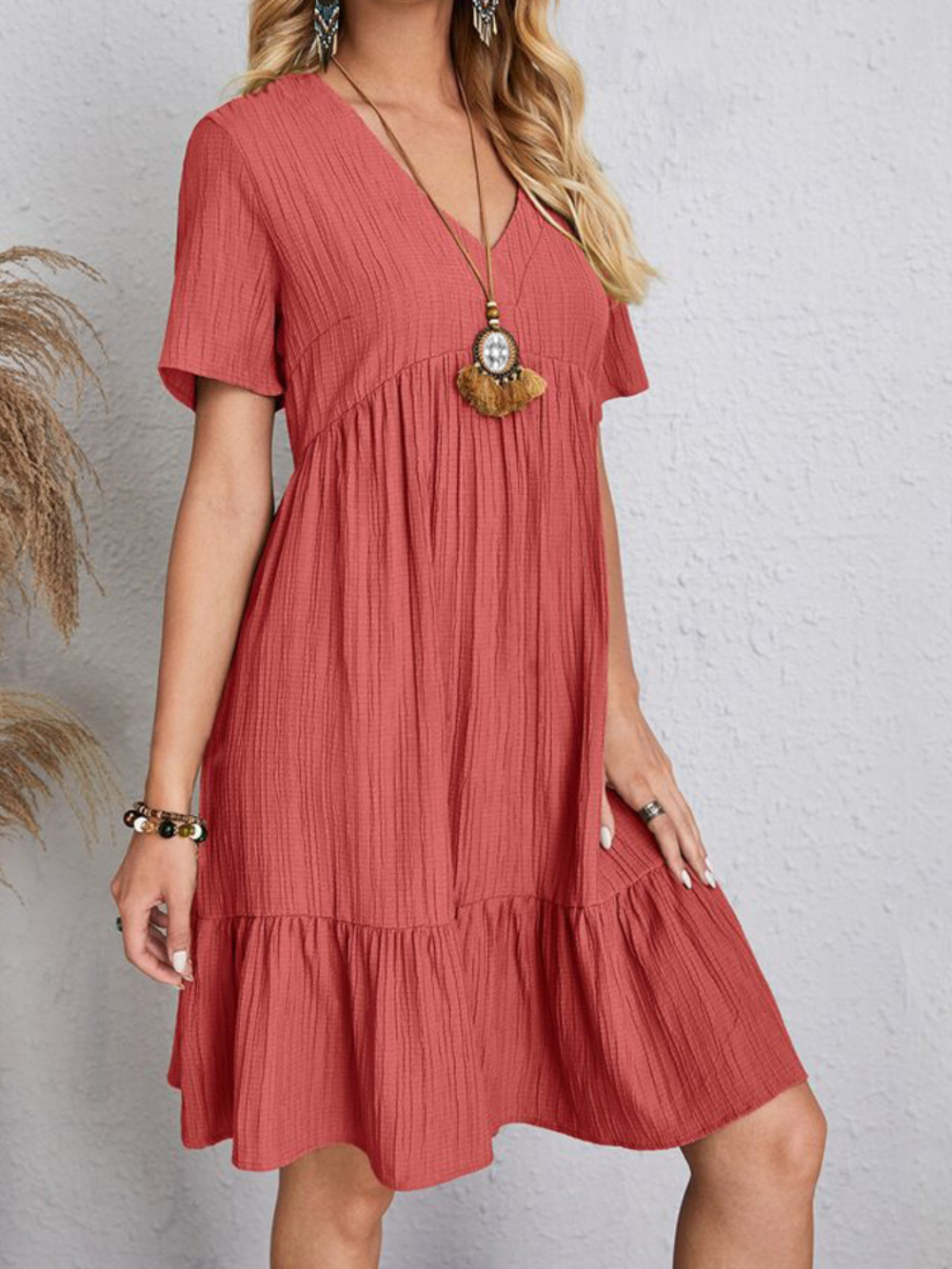 V-Neck Textured Short Sleeve Tiered Ruffle Hem Swing Mini Dress