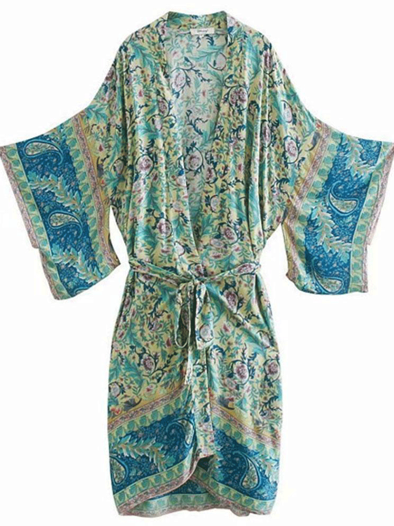 Green Bohemian Floral Paisley Border Belted Kimono Robe