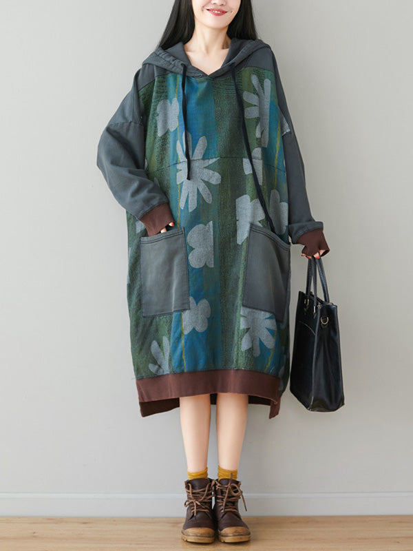 Grey Hooded Floral Print Patch Pocket Long Sleeve Sweatshirt Midi Dress