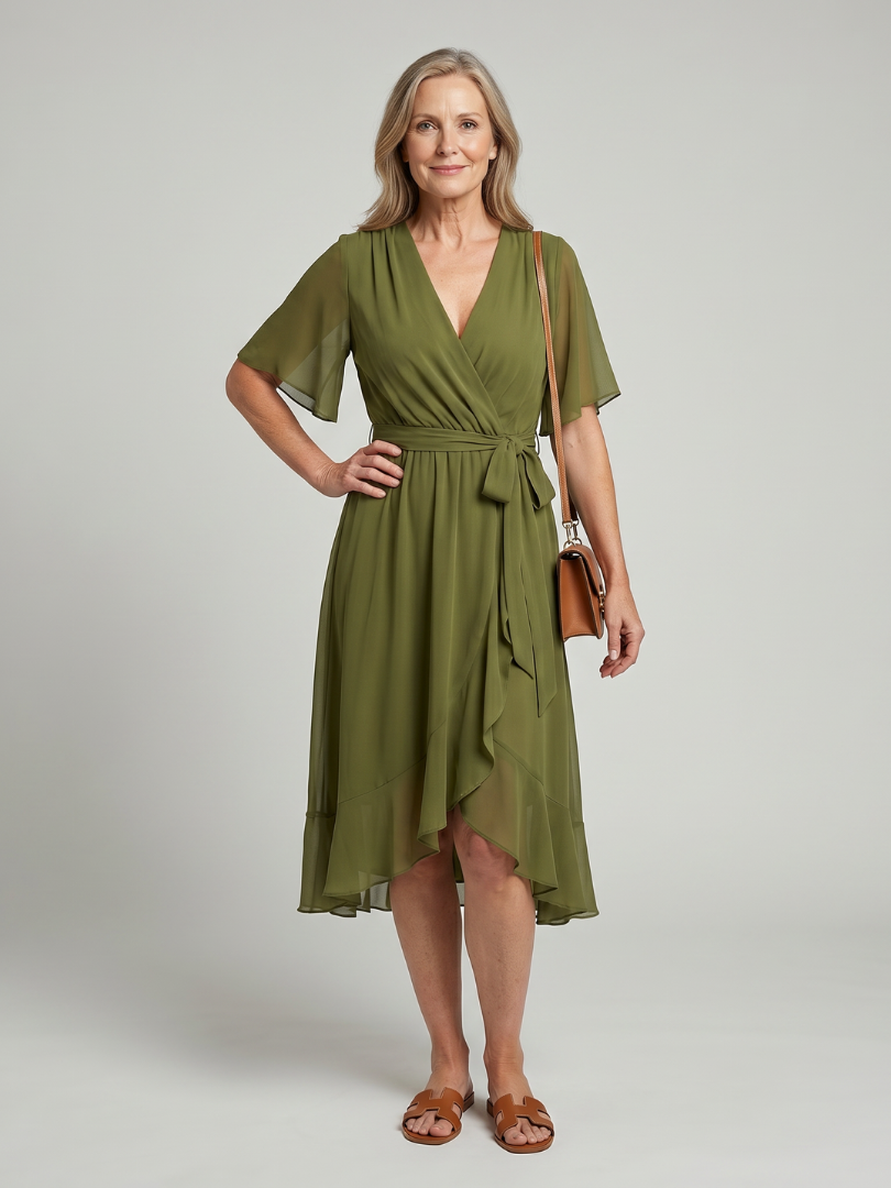 V-Neck Wrap Flutter Sleeve Chiffon Tie Waist Ruffle Hem Midi Dress
