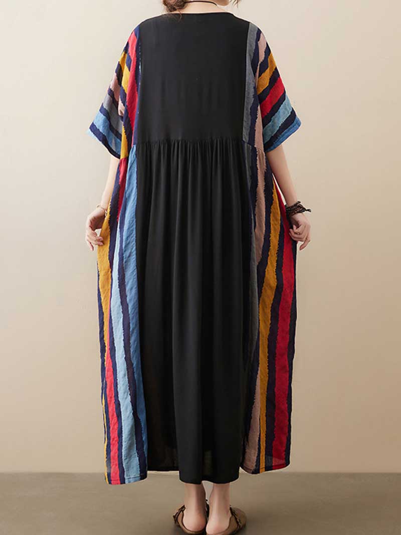 Multicolor Round Neck Short Sleeve Striped Panel Pleated Loose Maxi Dress 2