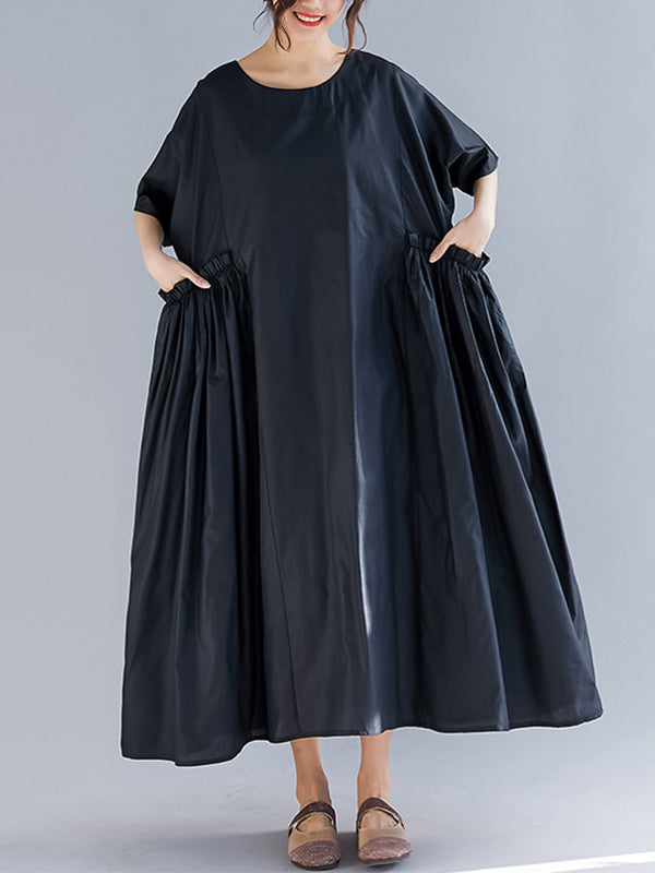 Black Round Neck Short Sleeve Pleated Pocket Loose A-Line Midi Dress