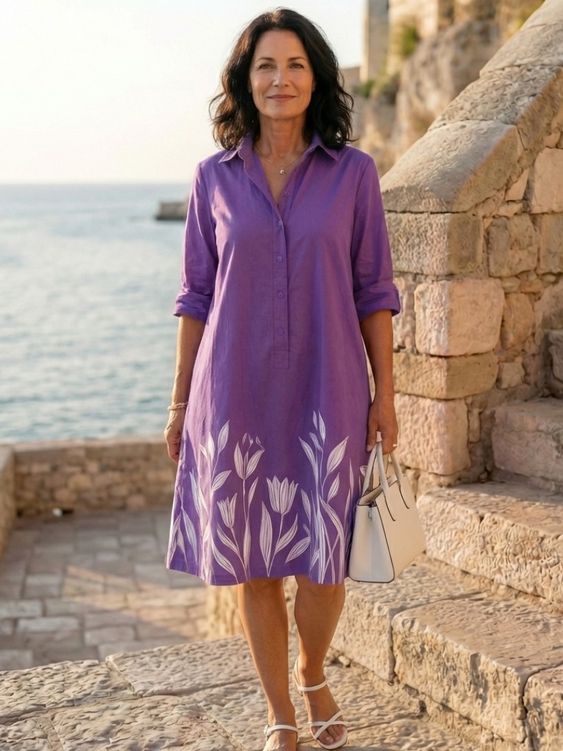 Purple Collar Button Placket Tulip Border Print Roll-Tab Shift Midi Dress