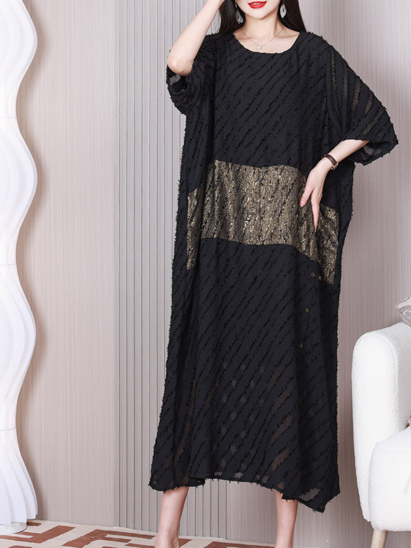 Black Round Neck Batwing Sleeve Textured Metallic Panel Loose Maxi Dress