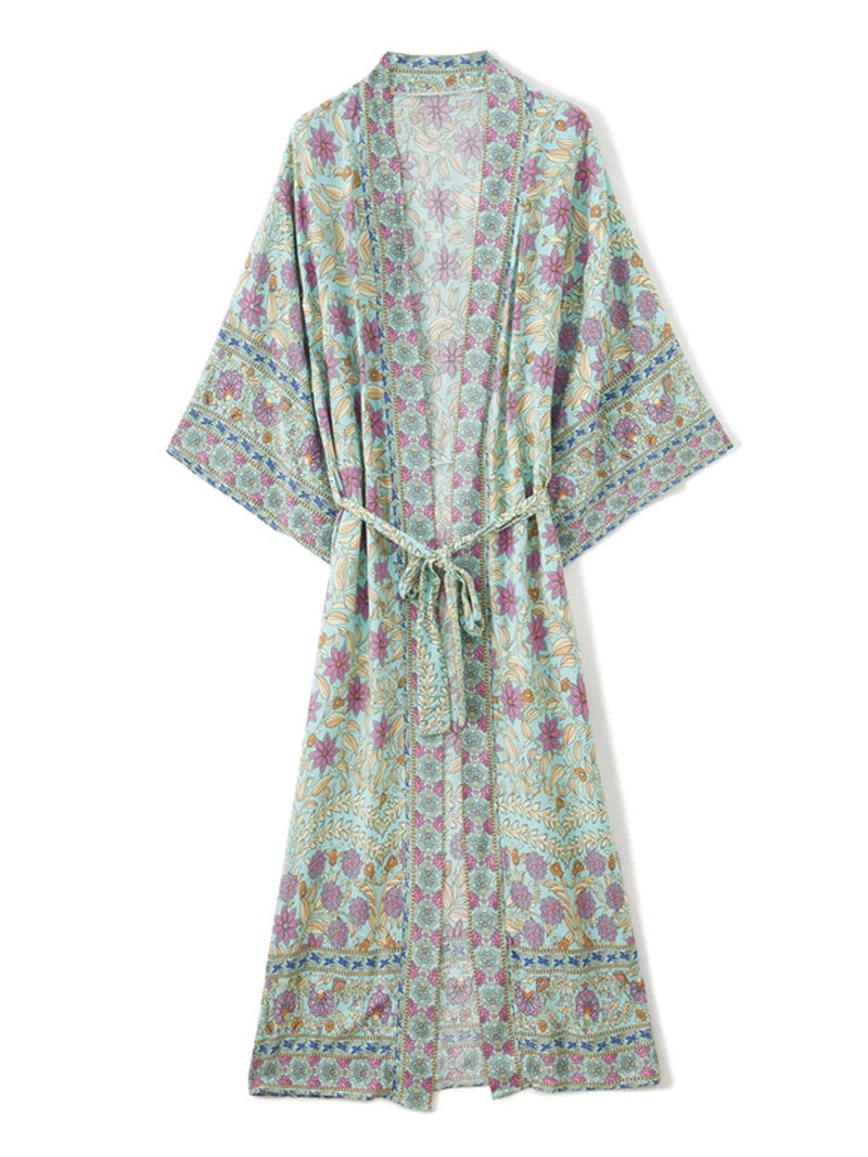 Green Floral Print Bohemian Belted Long Kimono Robe