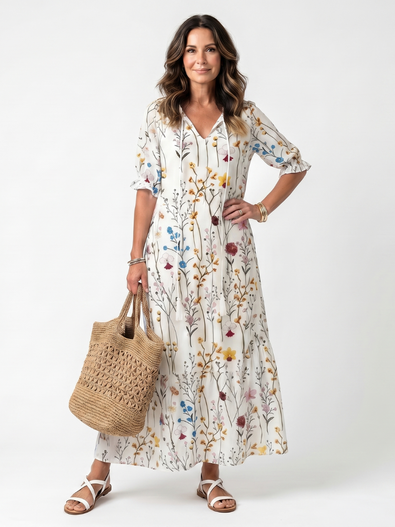 White Tie Neck Floral Print Ruffle Sleeve A-Line Maxi Dress