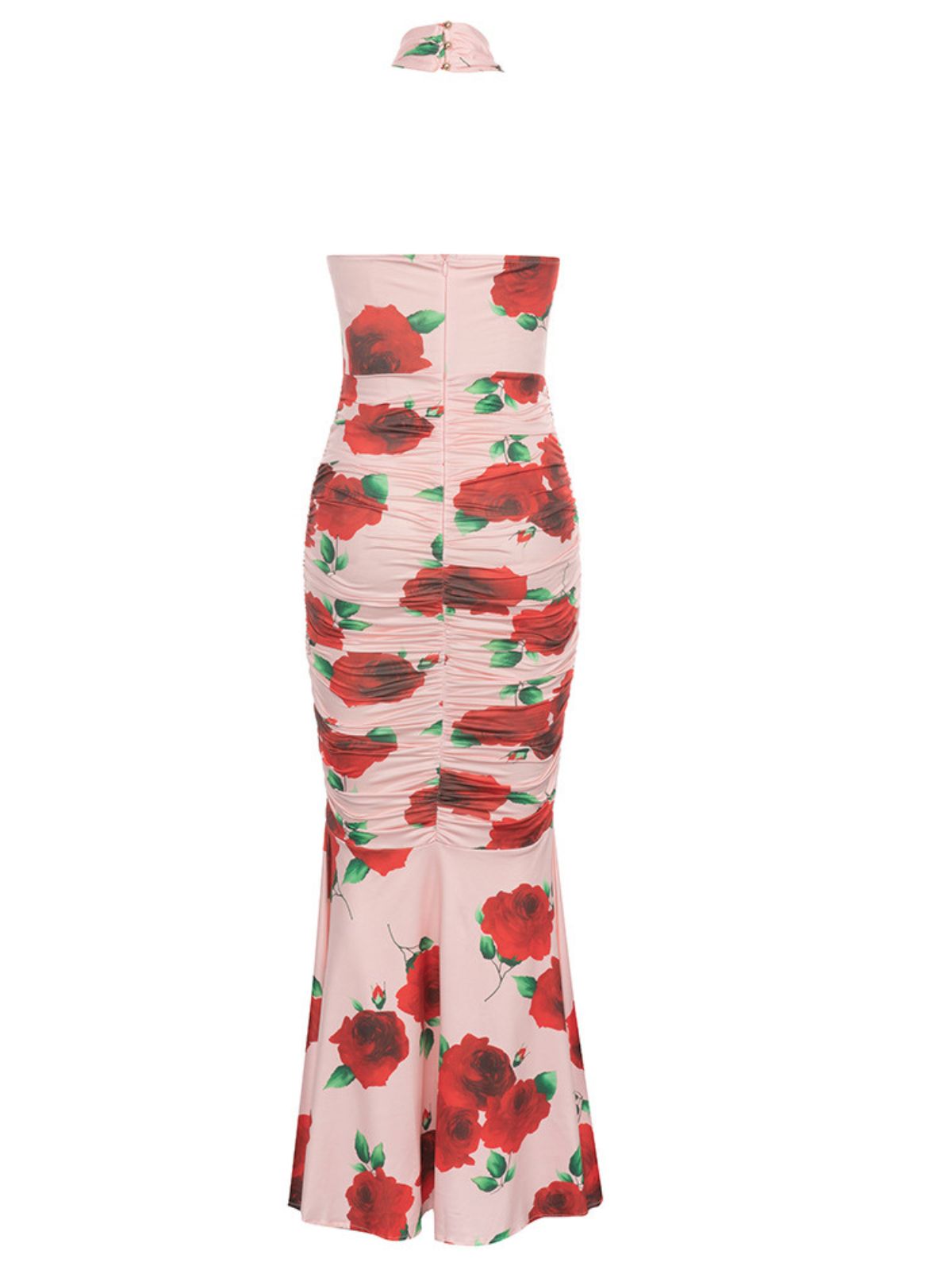Halter Rose Floral Crossover Cutout Ruched Mermaid Maxi Dress