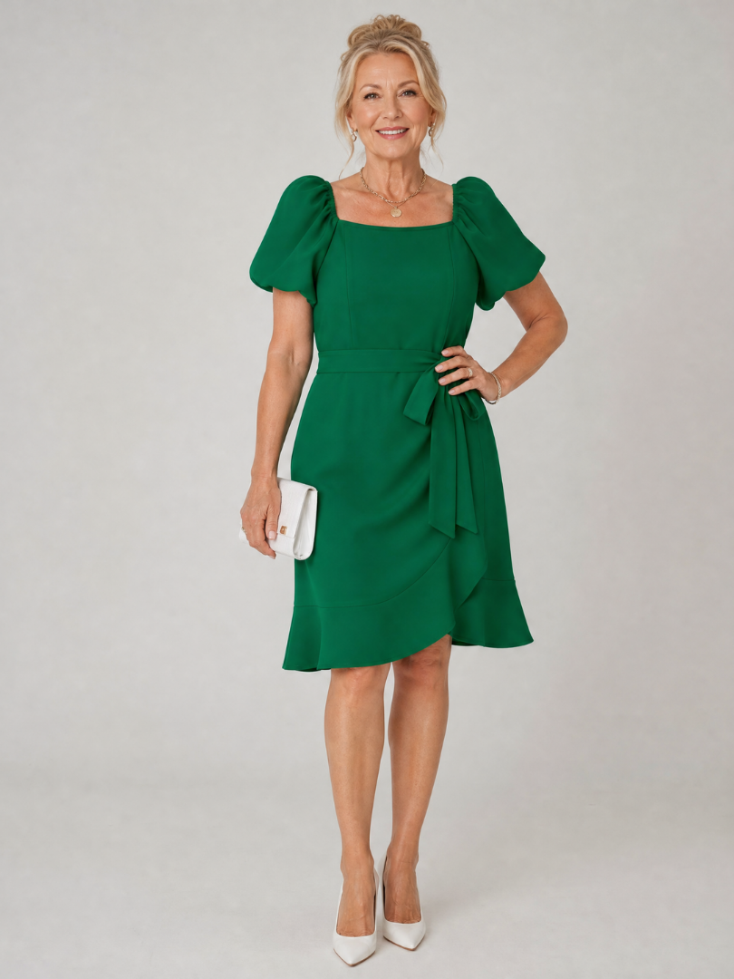 Square Neck Puff Sleeve Tie Waist Ruffle Hem A-Line Mini Dress