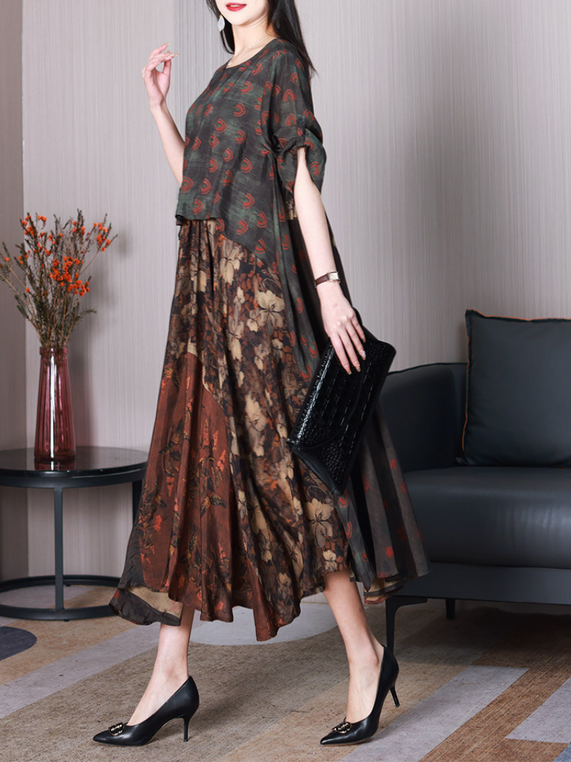 Coffee Round Neck Short Sleeve Floral Patchwork A-Line Midi Dress