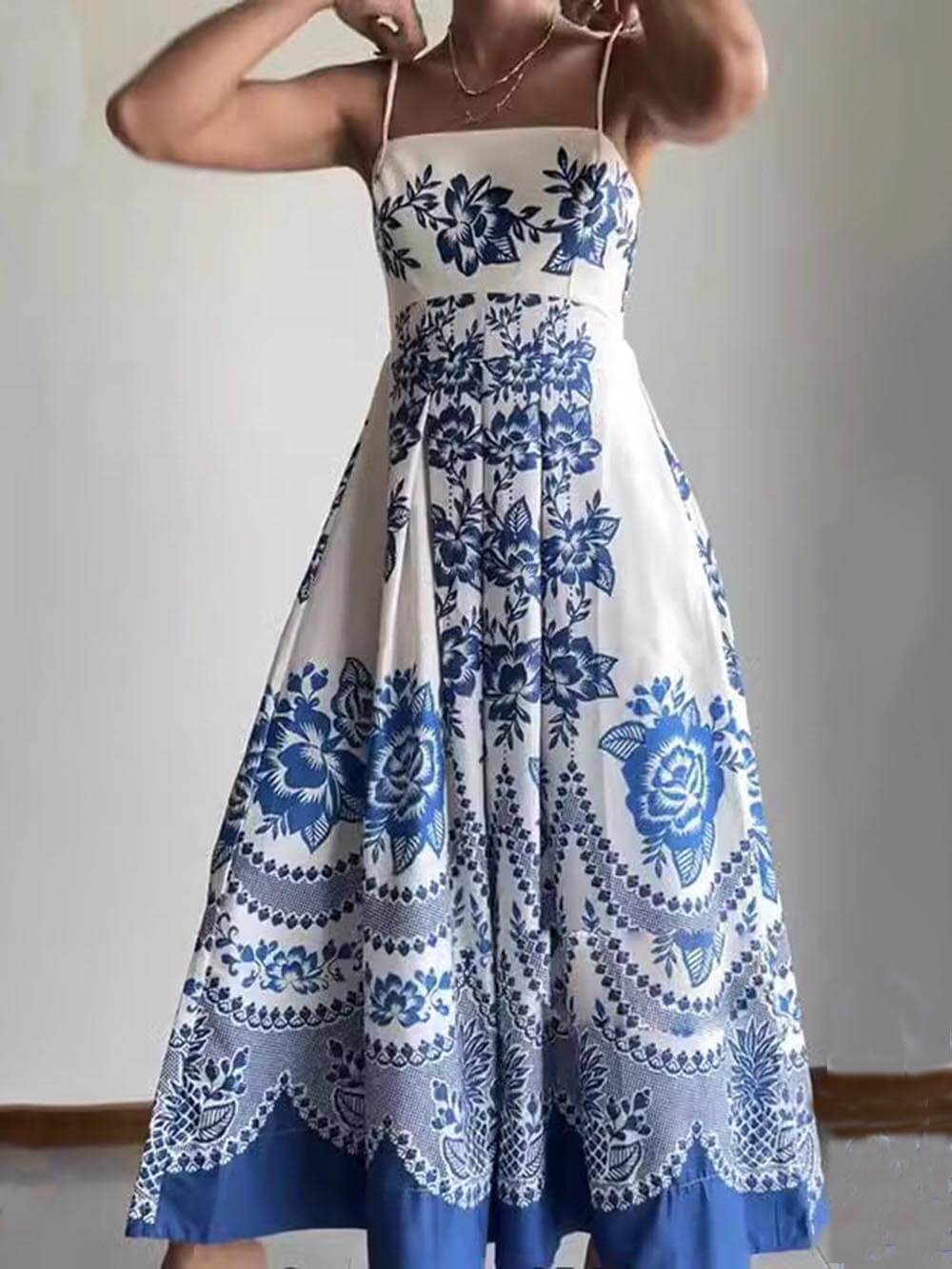 Floral Ethnic Print Back Graceful Smocked Loose Midi Dress