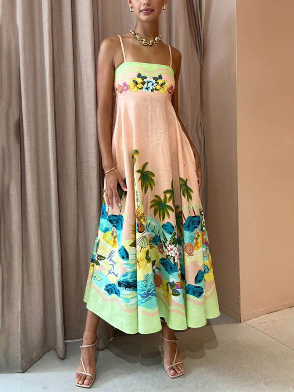 Sling Printed Stylish Casual Midi Dress Multicolor / S Dresses