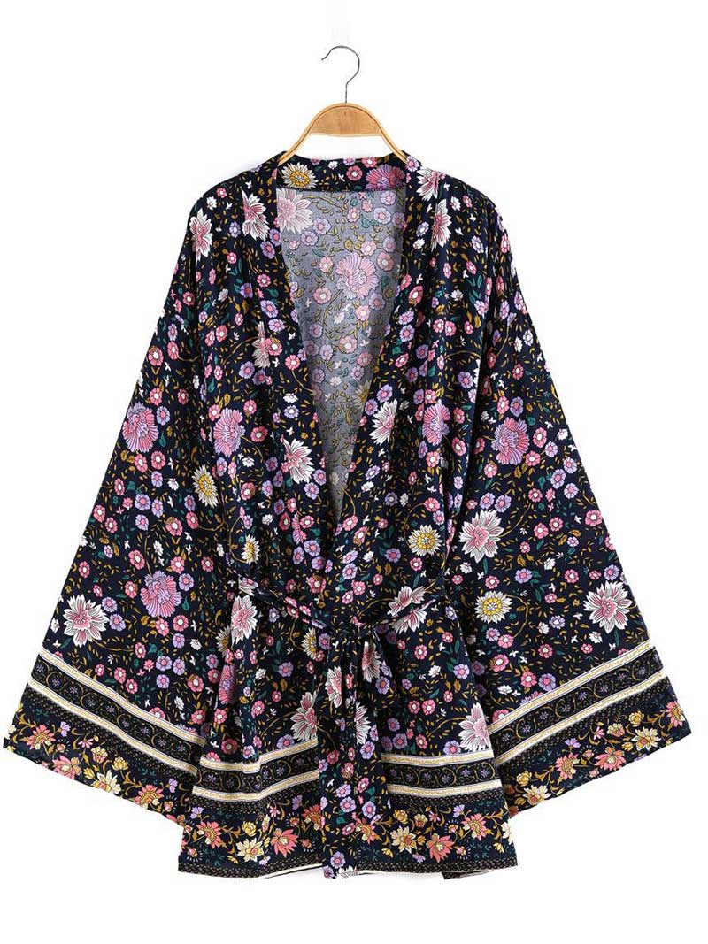 Black Floral Print Tie Waist Bell Sleeve Short Kimono Robe