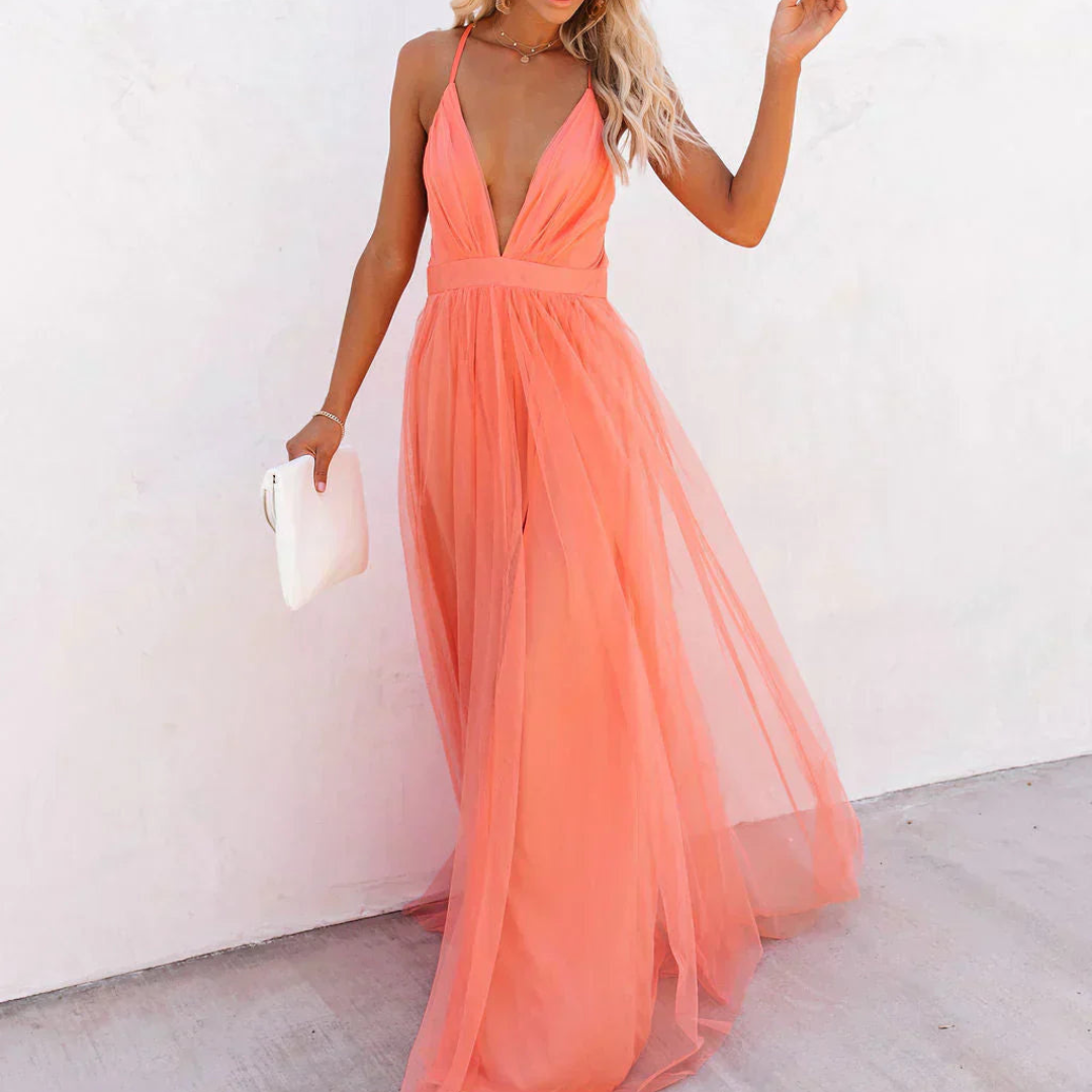 Spaghetti Strap Plunge V-Neck Tulle Pleated A-Line Maxi Gown 3