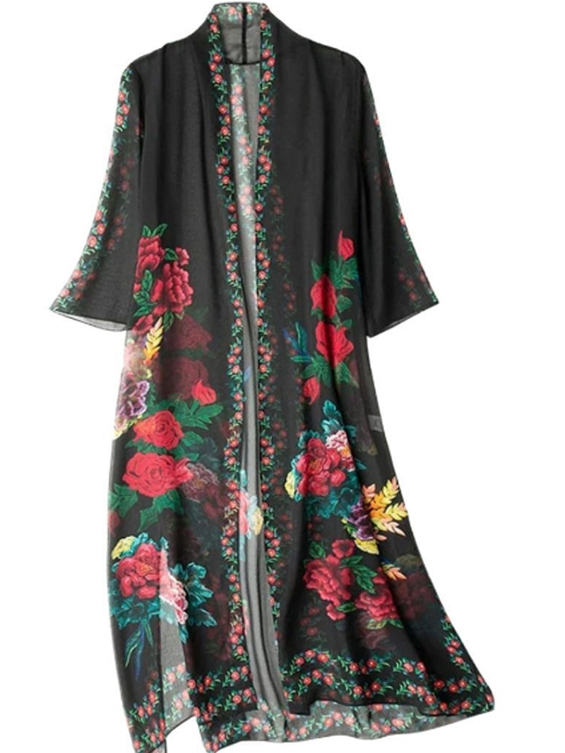 Open Front Floral Print Sheer Chiffon Long Kimono