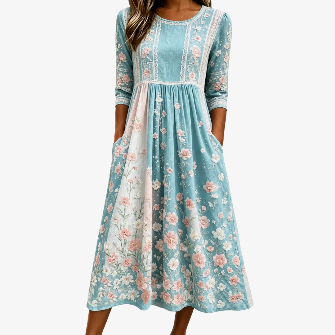 Round Neck Floral Lace Trim Three-Quarter Sleeve Pocket A-Line Midi Dress