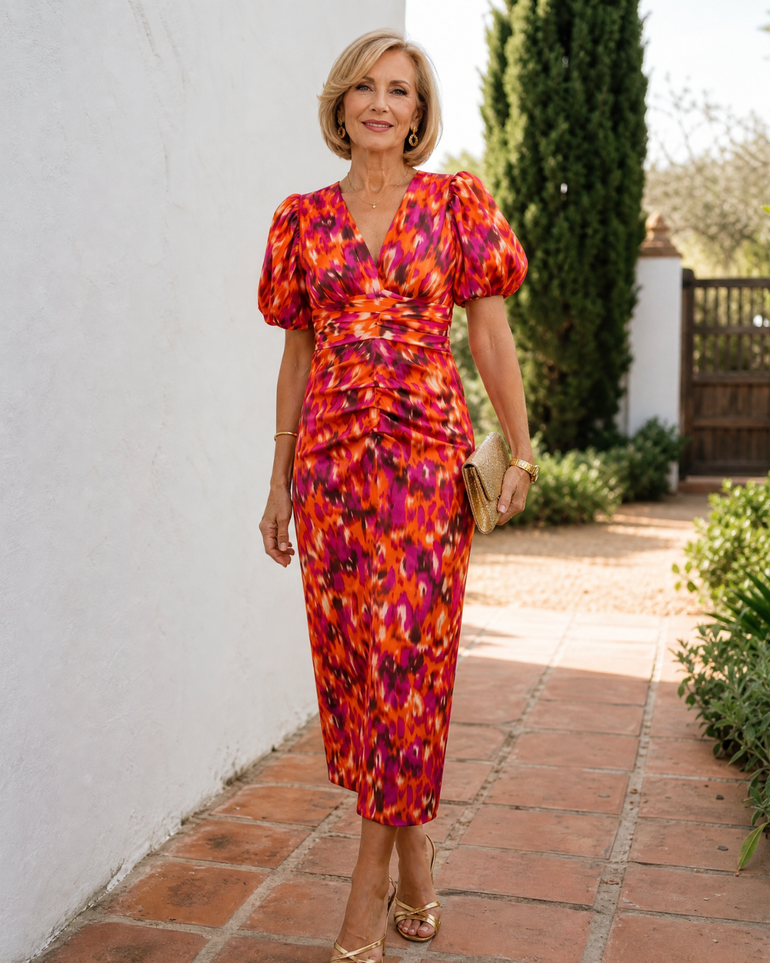 V-Neck Puff Sleeve Abstract Print Ruched Bodycon Midi Dress
