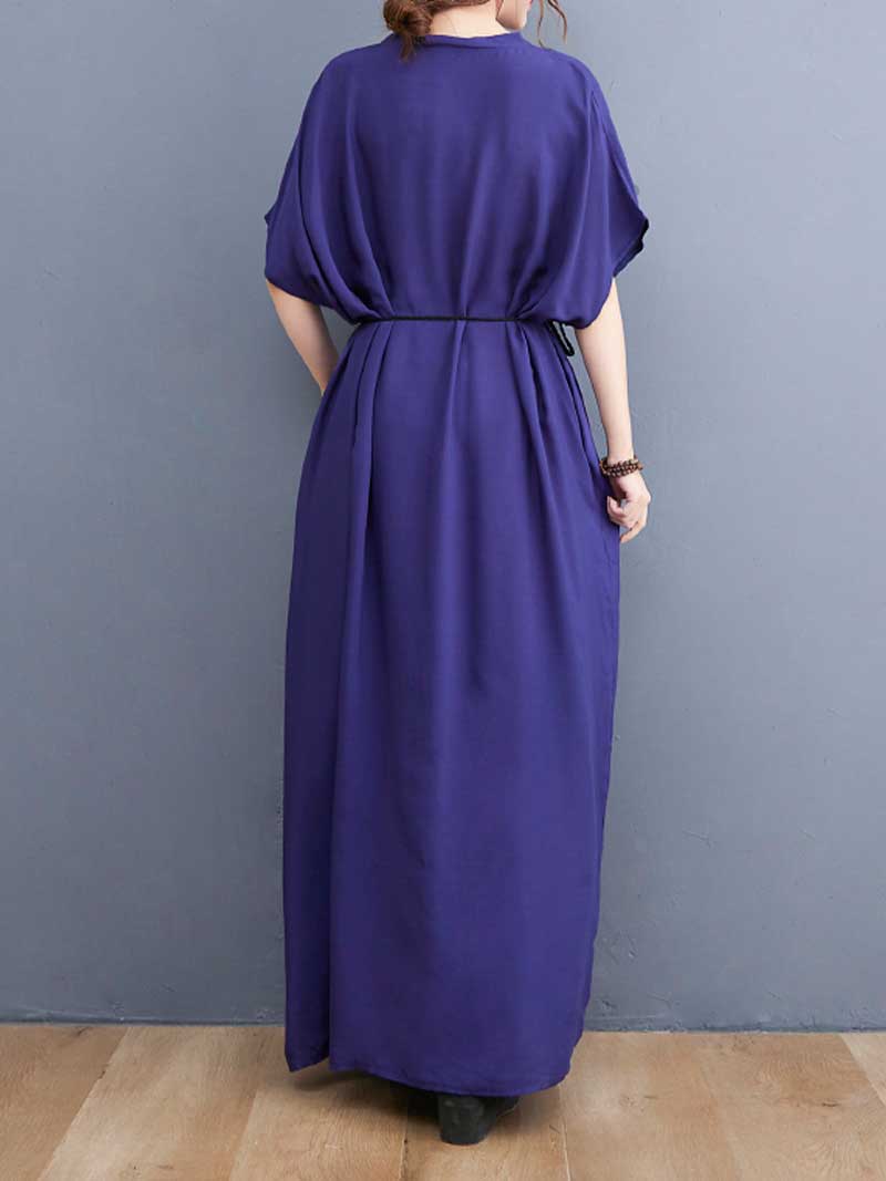 Navy Blue V-Neck Embroidered Phoenix Patch Short Sleeve Loose Kaftan Maxi Dress