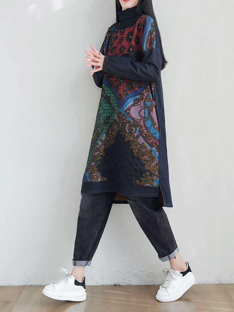 Round Neck Mixed Print Plaid Panel Long Sleeve Shift Midi Dress 5