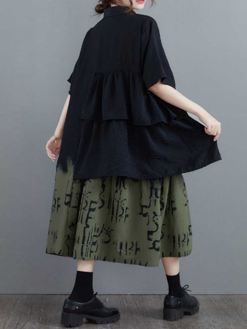 Black Collared Button Tiered Layered Abstract Print A-Line Midi Dress 2