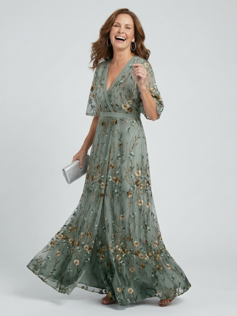 Sage Green Surplice V-Neck Floral Embroidered Flutter Sleeve Chiffon Maxi Gown