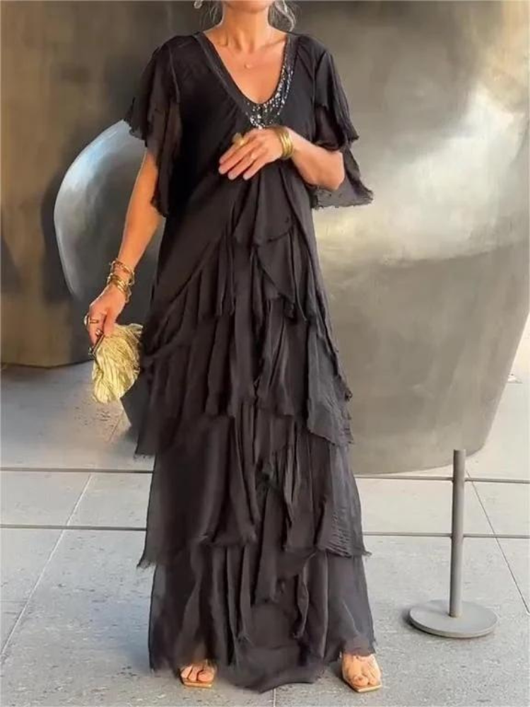V-Neck Sequin Trim Flutter Sleeve Tiered Ruffle Chiffon Maxi Dress 4
