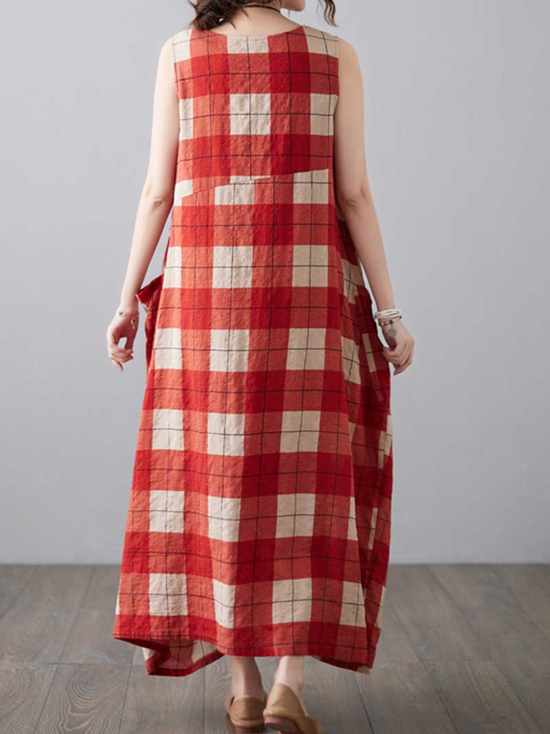 Red Round Neck Sleeveless Plaid Print Loose Cocoon Maxi Dress 2