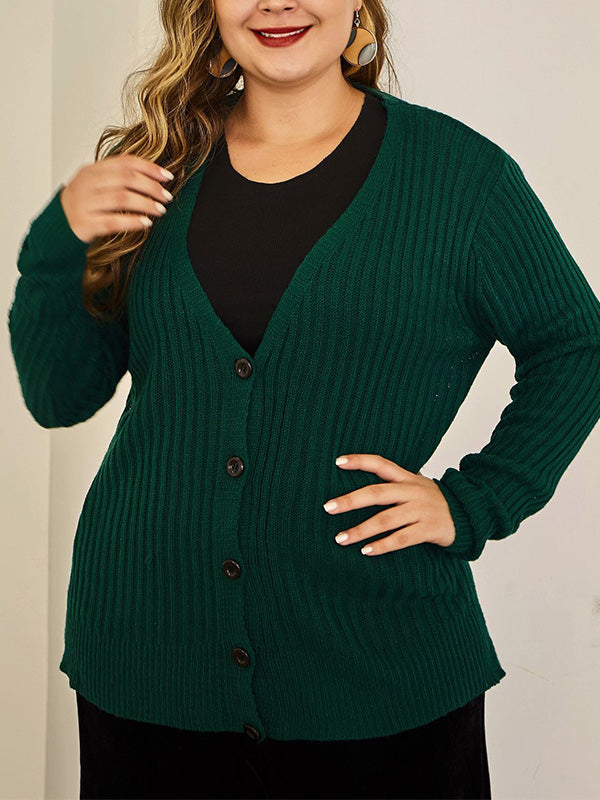 Green V-Neck Button Front Ribbed Knit Boxy Cardigan Sweater