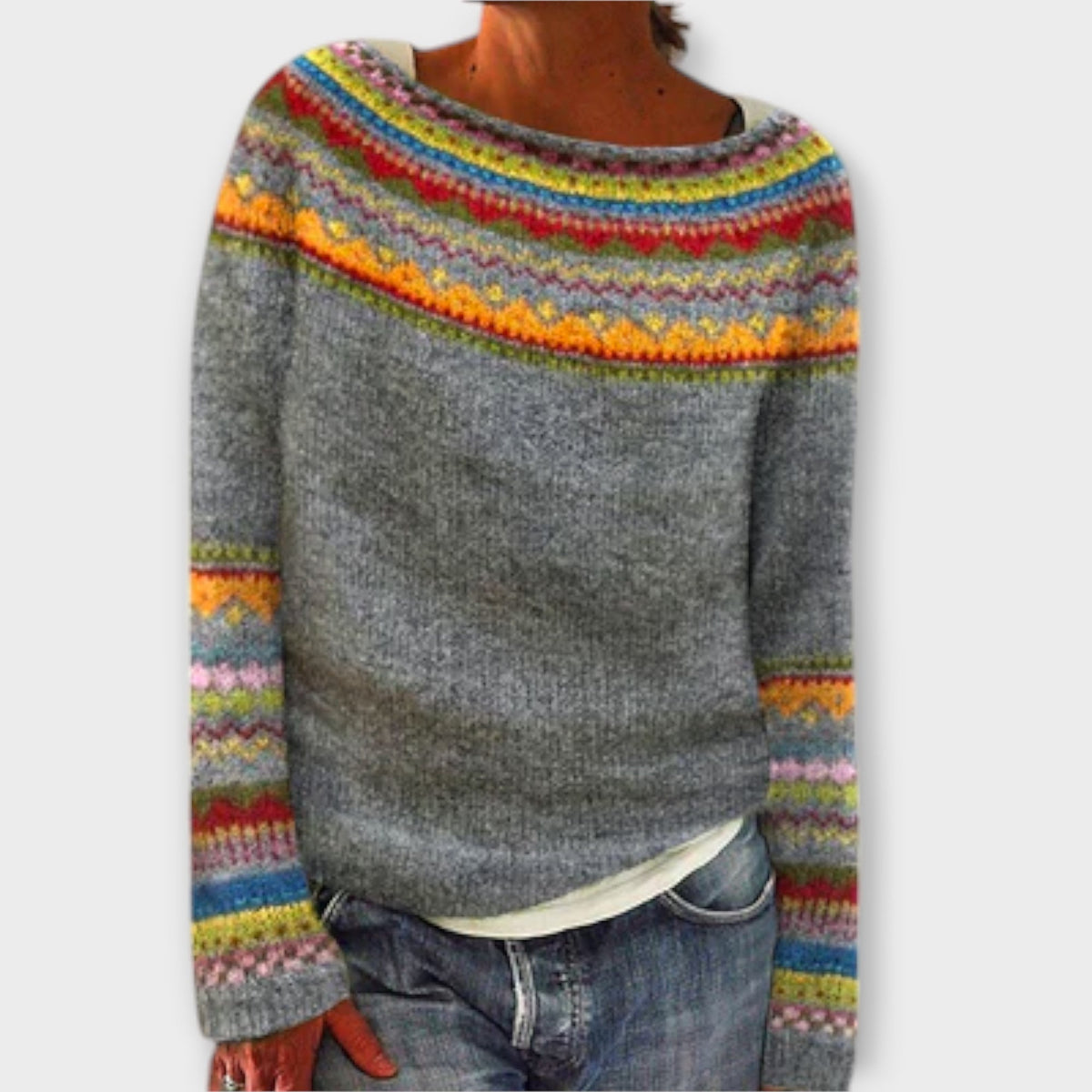 Round Neck Fair Isle Knit Long Sleeve Pullover Sweater