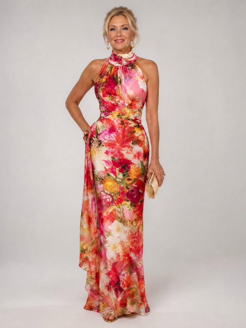 Halter Neck Floral Print Chiffon Flowy Maxi Gown