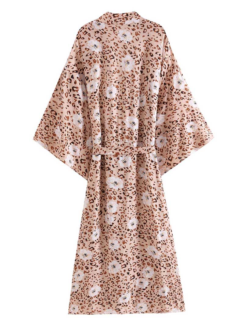 Leopard Tie Waist Leopard Floral Print Long Kimono Robe 2