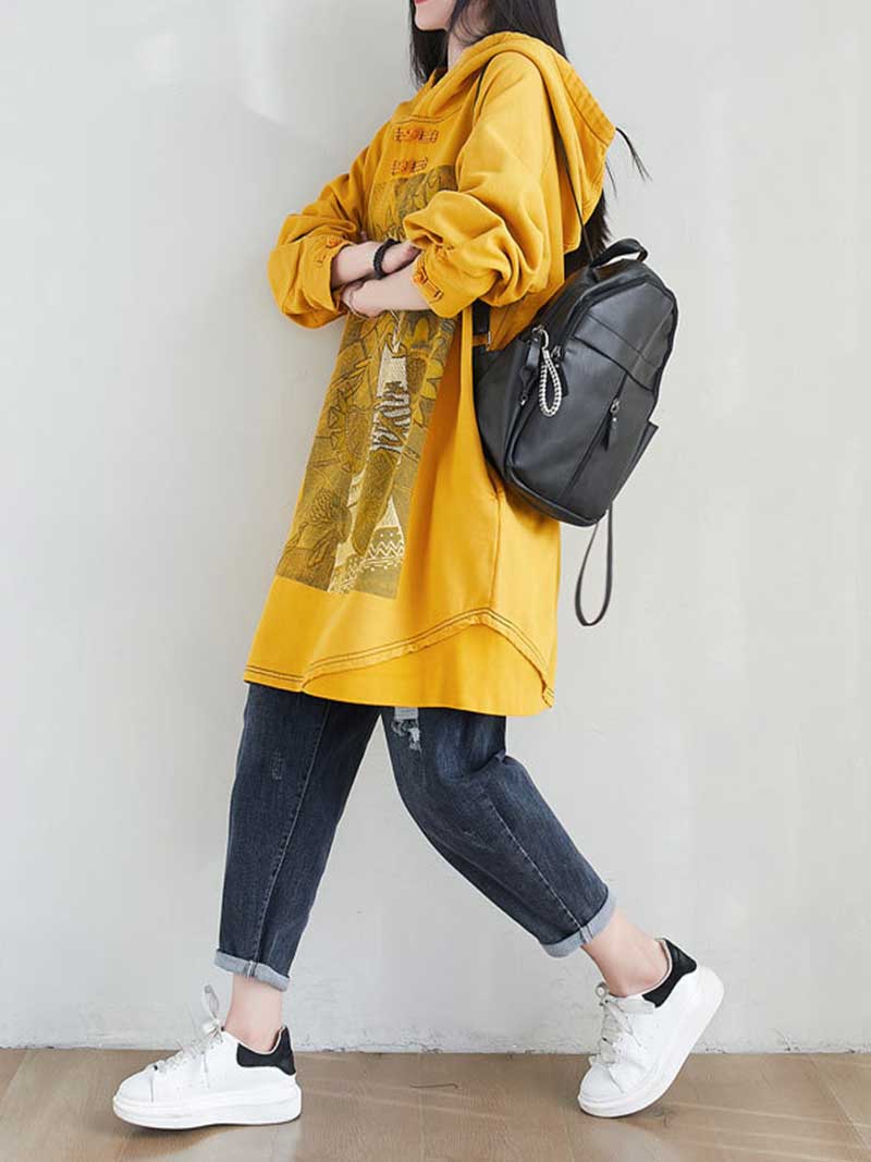 Hooded Floral Graphic Print Longline Sweatshirt Hoodie
